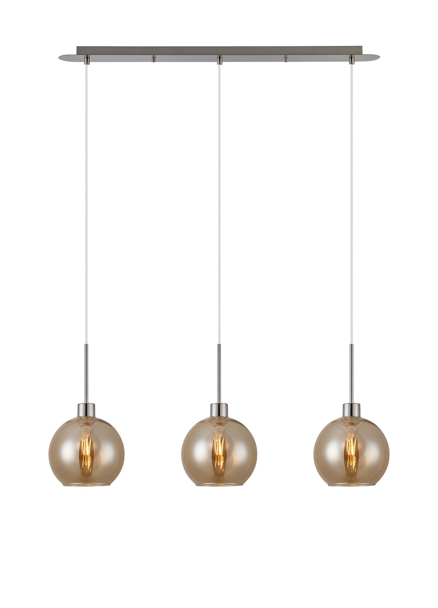DK1393  Lori Linear Pendant, 3 Light Adjustable E27, Satin Nickel/Amber Open Mouth Round Globe Shades